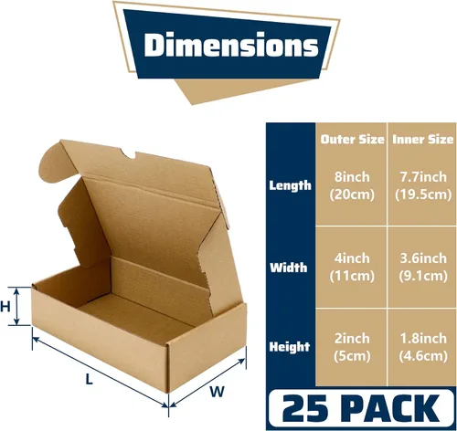 Vista 2 de Cajas de envío, 25 unidades, 8 x 4 x 2 pulgadas, cajas de cartón corrugado marrón fuerte para embalaje de pequeñas empresas, correo, manualidades