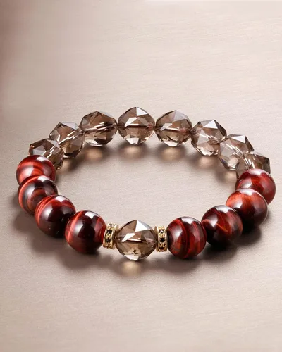 Vista 2 de Jewever Pulseras de cristal de cuarzo ahumado natural con ojo de tigre rojo para hombres y mujeres, amuleto sanador energético, trae riqueza