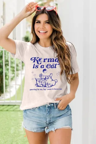 Vista 2 de SFHFY Karma is Cat Camisas para mujer, camisa para amantes de los gatos, letras vintage, concierto, verano, fanáticos de la música country, camiseta