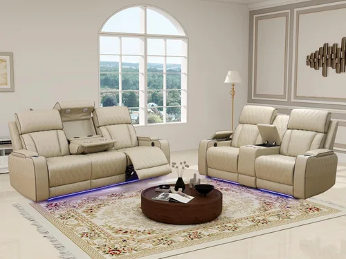 Vista 53 de Juego de sofá reclinable eléctrico, seccional de cuero transpirable beige, juego de muebles de sala de estar, 2 piezas, sofá reclinable eléctrico