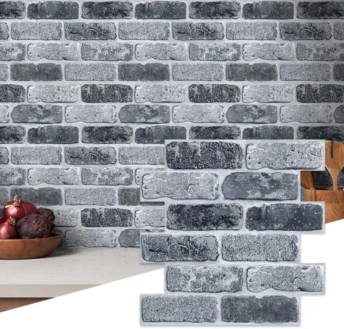 Vista 27 de Commomy Paneles de pared autoadhesivos de ladrillos falsos - 10 piezas de 30 cm x 30 cm de tamaño pequeño, diseño de PVC gris con manchas, papel