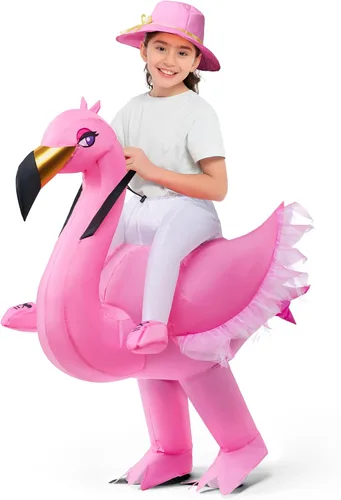 Vista 8 de Spooktacular Creations Disfraz inflable para niños, color rosa montando un elegante flamenco, disfraz de flamenco para Halloween, divertido traje