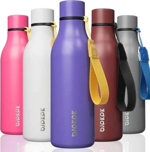 Vista 33 de BJPKPK Botellas de agua aisladas, botella de agua de metal de acero inoxidable de 12 onzas con correa, sin BPA a prueba de fugas, jarras, tazas