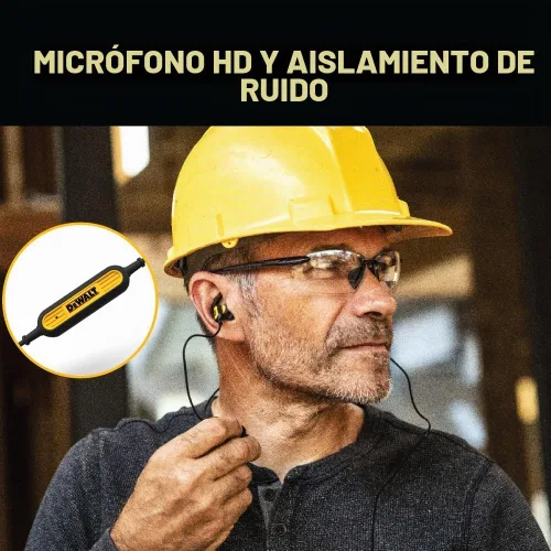 Vista 4 de DEWALT Auriculares con cable de alta resistencia con micrófono, auriculares con cable para obra 3.5mm, auriculares resistentes al agua de 3.5mm