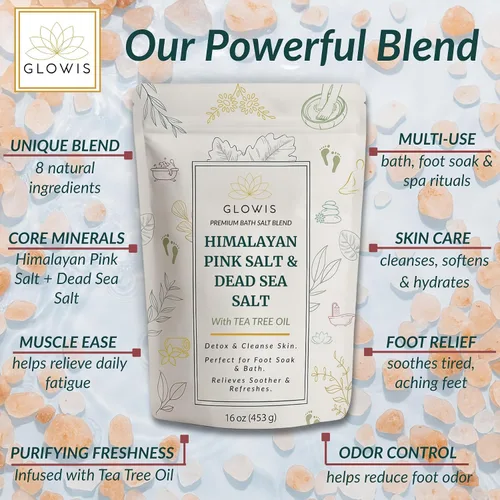 Vista 8 de Glowis - Aceite de árbol de té para pies con sal del Himalaya y del Mar Muerto, remojo de pies de sal de pedicura para decoloración de uñas, callos