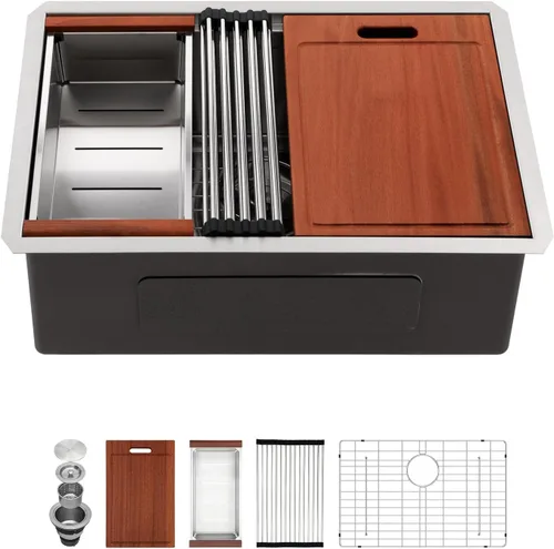 Vista 44 de Sarlai Fregadero de cocina empotrado de 30 pulgadas dorado - Fregadero de cocina de 76,2 cm x 45,7 cm con repisa para estación de trabajo de acero