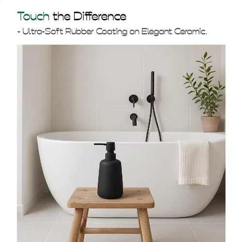 Vista 7 de Dispensador de jabón de cerámica negro mate, dispensador recargable de encimera de baño o cocina de 13 onzas con revestimiento de goma suave al tacto