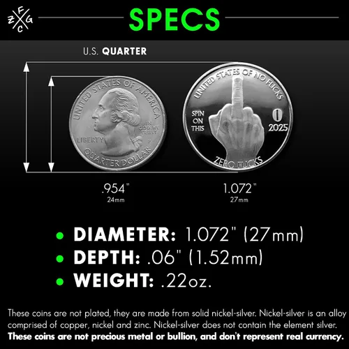 Vista 5 de ZFG Inc. Monedas de 25 centavos de Zero F's Given para regalo, color plata, diseño del dedo medio, paquete de 10