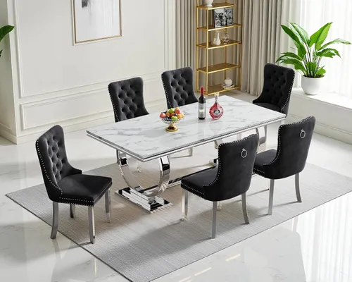 Vista 24 de Juego de mesa de comedor de mármol para 4, mesa de cocina rectangular de mármol blanco de 70 pulgadas con base en O de acero inoxidable dorado