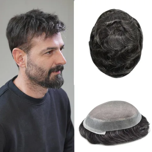 Vista 100 de Toupee para hombres Piezas de pelo fino mono para hombre Toupee sistema de reemplazo de pelo para hombres línea capilar natural para hombre postizo