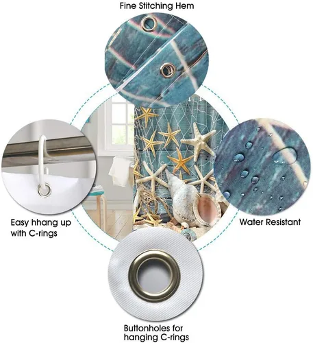 Vista 6 de HomeFly cortina de regadera de baño, impermeable, tela antimoho, diseño de playa y océano, accesorio de decoración