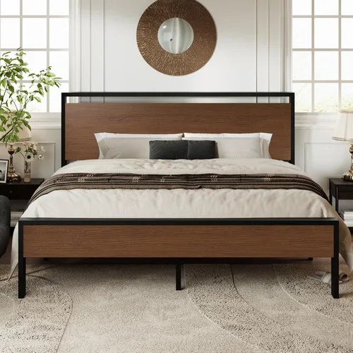Vista 16 de Base de cama Allewie de tamaño individual con cabecero y pie de cama de madera, soporte de listones de metal resistentes, no requiere somier