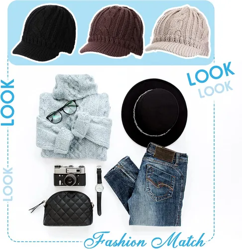 Vista 7 de SATINIOR 3 piezas de las mujeres 50 lana Newsboy Cap invierno sombrero visera boina clima frío punto cálido invierno sombrero