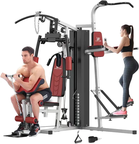 Vista 12 de ULTRA FUEGO Estación de entrenamiento de gimnasio en casa multifuncional con sistema de polea, desarrollador de brazos y piernas para entrenamiento