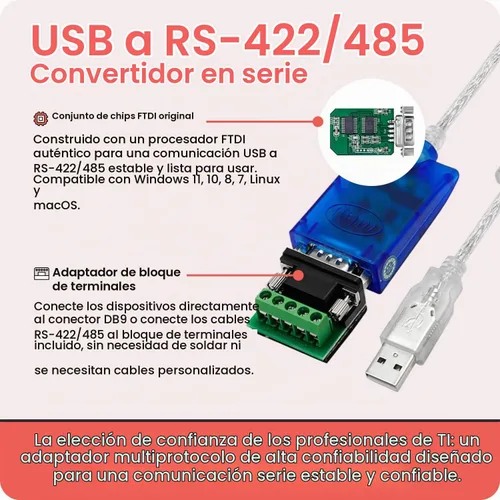 Vista 2 de Gearmo Adaptador RS485 a USB con indicadores LED, chipset FTDI, placa terminal, protección ESD, compatible con Windows 11, Linux, MacOS X