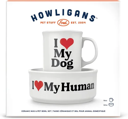 Vista 3 de Genuine Fred Howligans - Taza + cuenco para perros, diseño de perro de amor, color blanco