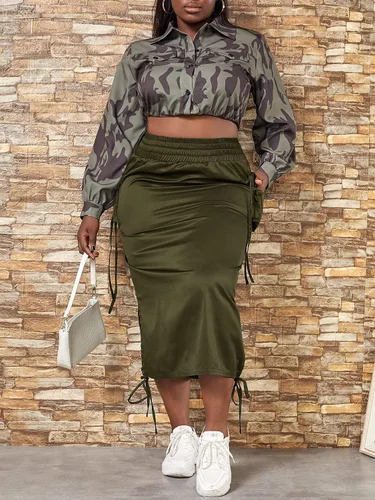 Vista 4 de WDIRARA Falda de carga lateral dividida con nudo de cintura alta para mujer, talla grande, con bolsillos