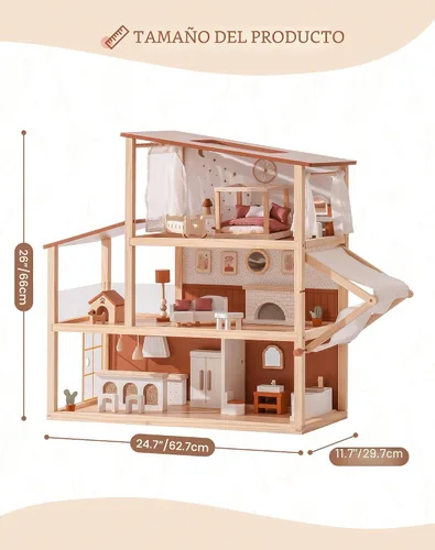Vista 3 de ROBOTIME Casa de muñecas de madera, casa de muñecas para niñas, casa de muñecas de estilo bohemio de 3 pisos con muebles y toldo de 37 piezas, casa