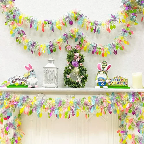 Vista 4 de TURNMEON 5 cuerdas en total 75 pies, guirnaldas de oropel de Pascua con coloridos huevos de Pascua, serpentinas metálicas, guirnalda de flecos