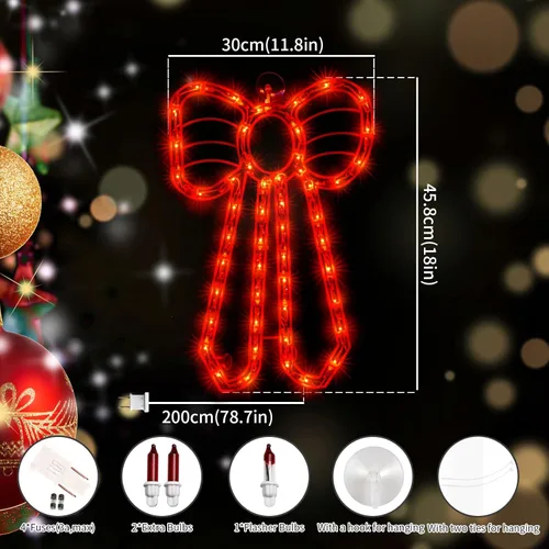 Vista 7 de LAMPHOME Decoración de Silueta de Ventana de Navidad de Lazo Rojo Iluminado de 18" con 50 Luces rojo (Red Bow)