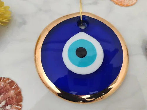 Vista 5 de Glass Blue Evil Eye Wall Hanging Gold Ornament - Turkish Nazar Bead - Home Protection Charm - Wall Decor Amulet in a Black Box (3")