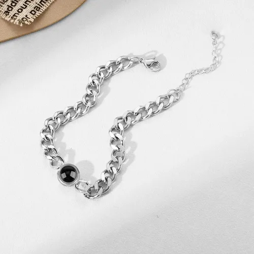 Vista 3 de Pulsera de fotos personalizada para hombres y mujeres, pulsera de proyección de fotos con círculo personalizado, pulsera de eslabones cubanos