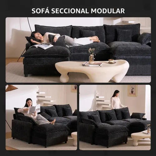 Vista 8 de GOSUHI Sofá en Forma de U de 108", Sofá Seccional Modular, Sofá Cómodo Nube de 3 Plazas con Otomana Móvil, Sofás de Asiento Profundo para Sala