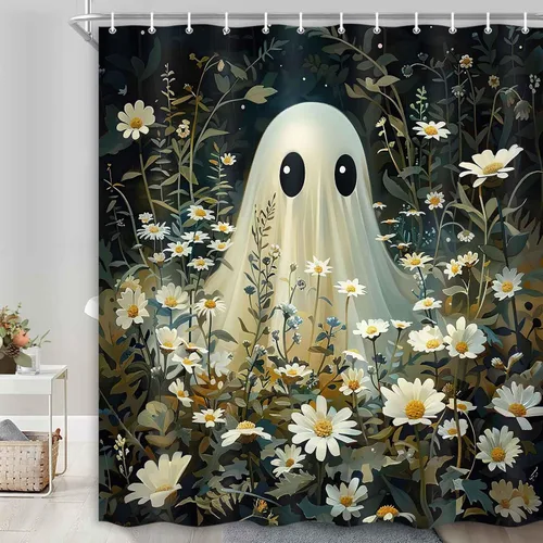 Vista 4 de Cortina de ducha de Halloween, cortina de baño espeluznante, fantasma, linda y divertida, juego de decoración de baño con ganchos, 72 x 72 pulgadas