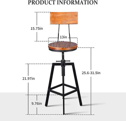Vista 2 de Taburetes de bar industriales con respaldo de madera de 25 a 32 pulgadas de altura ajustable para isla de cocina, silla de comedor, taburete extra