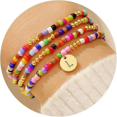 Vista 8 de Juego de 4 pulseras con iniciales de cuentas de colores, joyería apilable personalizada, pulseras elásticas ajustables para mujer, juego de pulseras