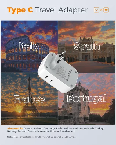Vista 3 de TESSAN Adaptador de Enchufe de Viaje Europeo USB C Paquete de 3, Adaptador de Enchufe de EE.UU. a Europa con 4 Tomas de CA 3 Puertos de Carga USB