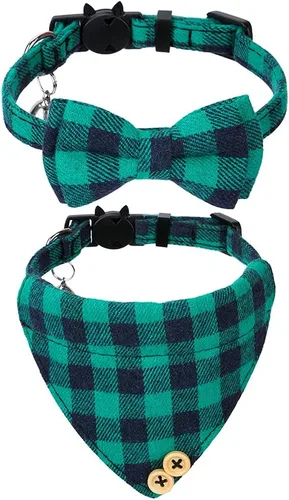 Vista 11 de Faleela Juego de 2 collares de gato con corbata de moño y campana, collar de camisa a cuadros para gatito ajustable de seguridad
