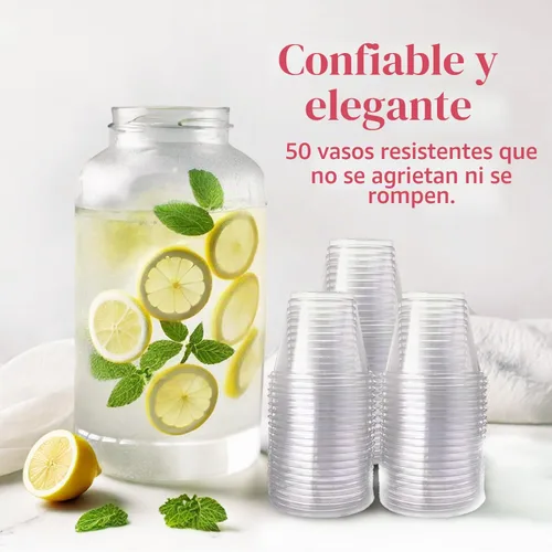Vista 4 de Prestee Paquete de 50 vasos de plástico – Vasos desechables transparentes de 9 onzas para bebidas frías, cócteles y postres – Taza pequeña duradera