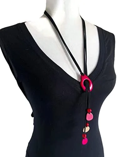 Vista 2 de Artesania Karissma Collar Tagua en rosa fucsia, joyería orgánica de tuerca de tagua TAG706, collar de Tagua Lariat, 30 pulgadas, ajustable