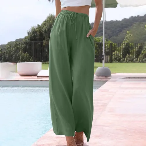 Vista 3 de JEGULV Pantalones palazzo de lino para mujer 2024 a la moda, casuales, holgados, de cintura alta, pantalones de pierna ancha, pantalones de playa