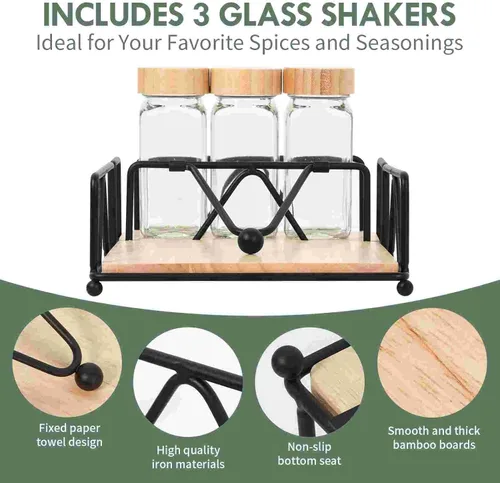 Vista 3 de Juego de 4 servilletas de metal con salero y pimentero, base de madera, moderno servilletero plano para mesa, decoración de mesa de cocina, cóctel