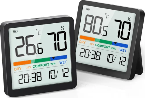 Vista 12 de NOKLEAD Termómetro higrómetro para interiores, mini monitor digital de temperatura y humedad de escritorio con indicador de comodidad y reloj