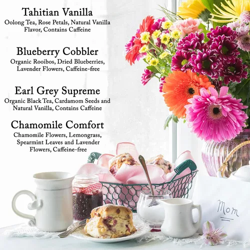 Vista 2 de Caja de regalo para el Día de la Madre de La Tea Dah, muestra de té gourmet con 32 bolsas de té de primera calidad y vela de soja perfumada, regalos