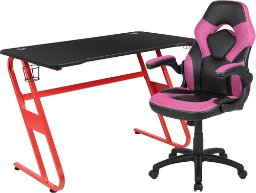 Vista 30 de Flash Furniture Juego de escritorio para juegos negro y silla de carreras blanco/negro con soporte para tazas, gancho para auriculares y soporte