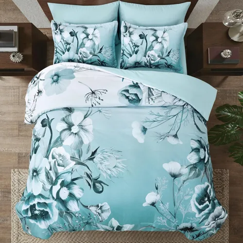 Vista 3 de Luxudecor Juego de edredón floral tamaño individual de 7 piezas, cama de flores aguamarina en una bolsa, elegante edredón floral degradado con juego