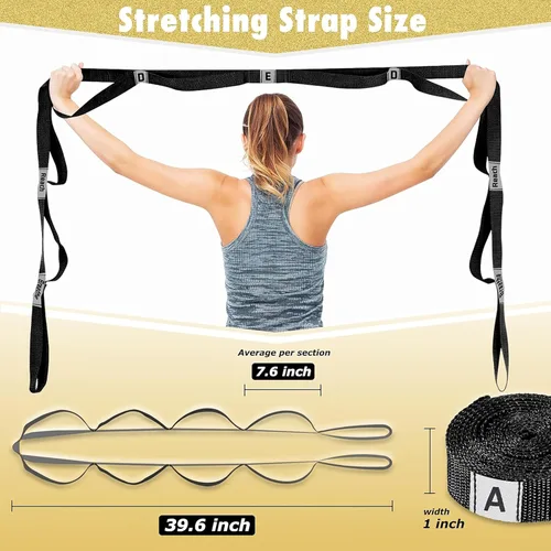Vista 2 de Correa elástica para yoga, no elástica, con letras y comentarios, 10 bucles para terapia física, ejercicio, pilates, baile, gimnasia