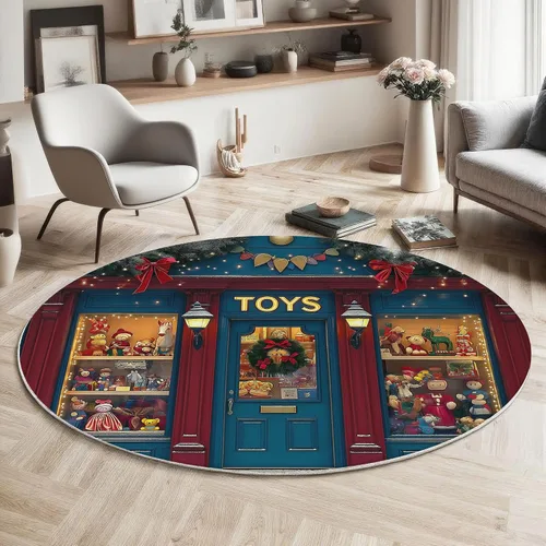 Vista 7 de Christmas Round Rug 6Ft Christmas Toy Window Display Washable Round Area Rug for Living Room Retro Theme Non Slip Soft Faux Wool Carpet Navy Blue