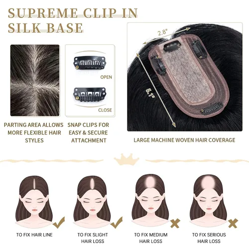 Vista 52 de Hairro Toppers de cabello humano 100% real para mujeres sin flequillo, postizos de cabello real con clip, base de seda transpirable para cubrir