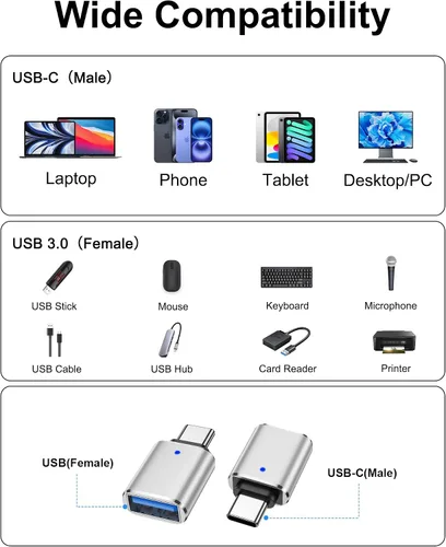 Vista 7 de Adaptador USB A a USB-C, paquete de 2 adaptadores USB C a USB A de transferencia de datos de 5 Gbps, macho tipo C a USB 3.0 hembra de carga rápida