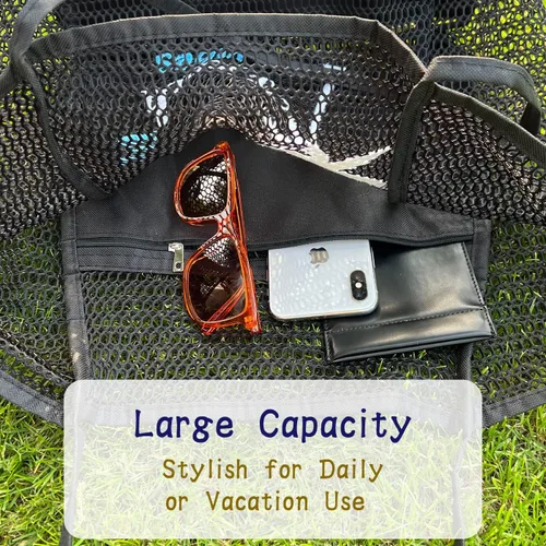 Vista 5 de ukia Bolsa de playa de malla, bolsas de playa de gran capacidad para mujer, bolsa de playa plegable con bolsillo con cremallera