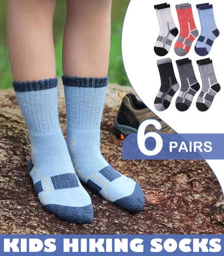 Vista 4 de LINEMIN Calcetines de senderismo de lana merino para niños y niñas, cálidos, gruesos, térmicos, acolchados, para invierno, 6 pares