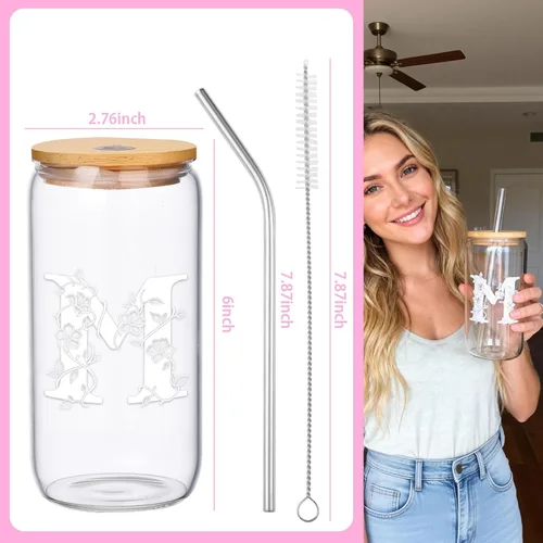 Vista 3 de Regalos personalizados para mujeres, tazas de vidrio con monograma con tapas y pajitas, regalos personalizados para mujeres, vasos de café helado