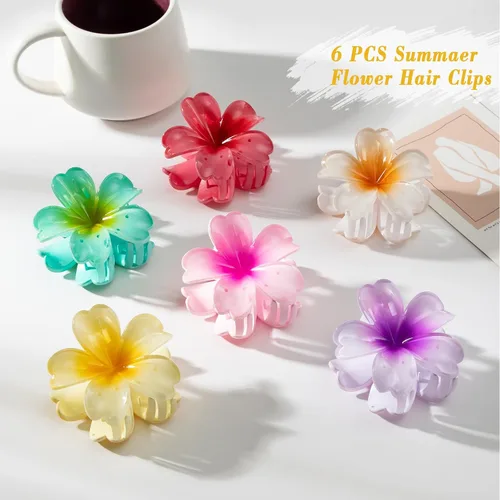 Vista 7 de 6 pinzas para el cabello de flores para mujer, pinzas de pelo de flores hawaianas, pinzas de hibisco hawaiano para cabello fino y grueso, fuerte