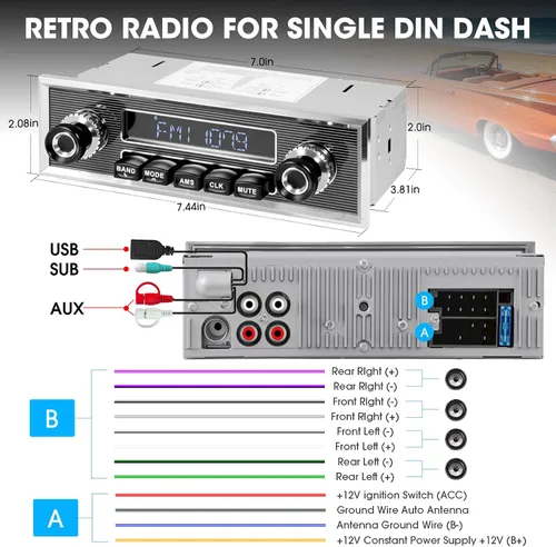 Vista 10 de Receptor de radio de coche Bluetooth retro: Estéreo vintage de un solo