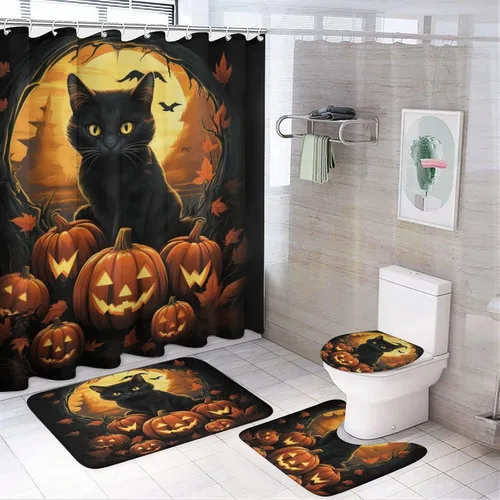 Vista 14 de Juego de 4 cortinas de ducha de Halloween, gato negro, luna llena, calabaza aterradora, cortina de ducha y alfombras, juego de cortina de ducha